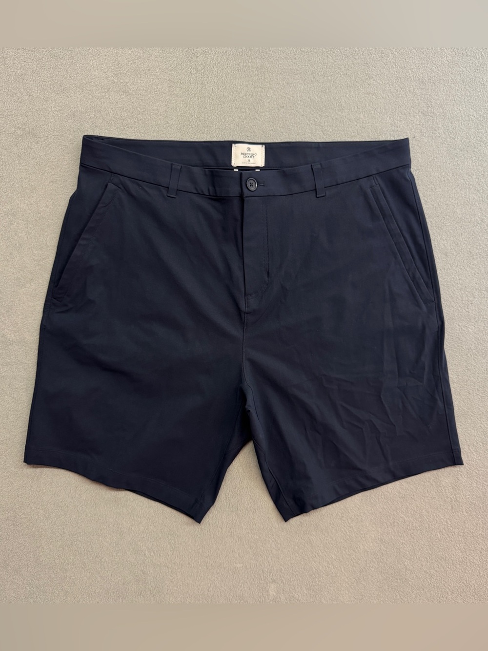 Reigning Champ Chino Shorts 38 Men's Zip Pockets Flat Front Navy Blue 9" Golf